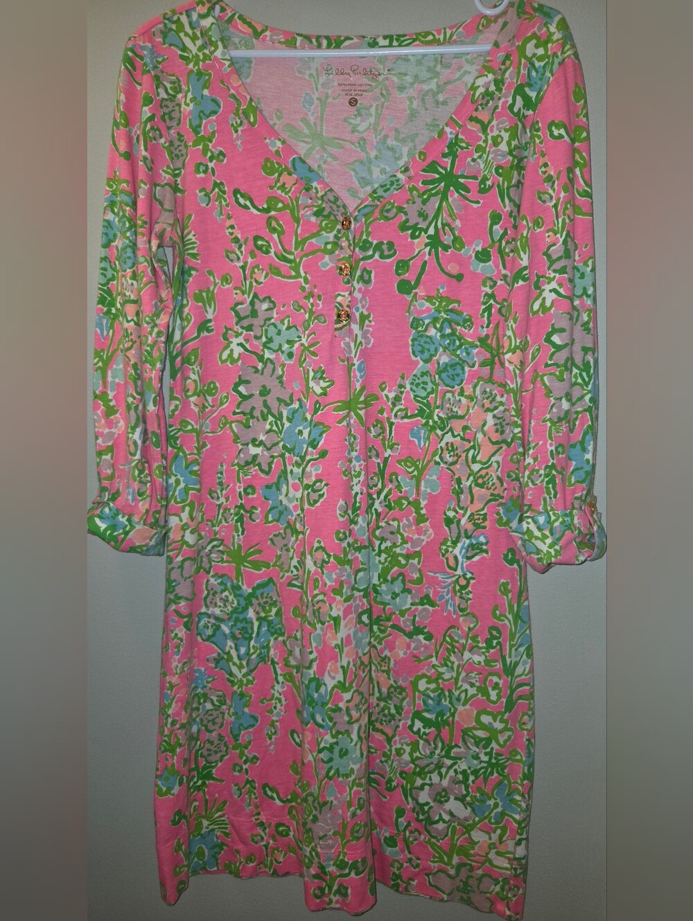 Lilly Pulitzer Women's Pink Floral Long-Sleeve Henley Dress Small